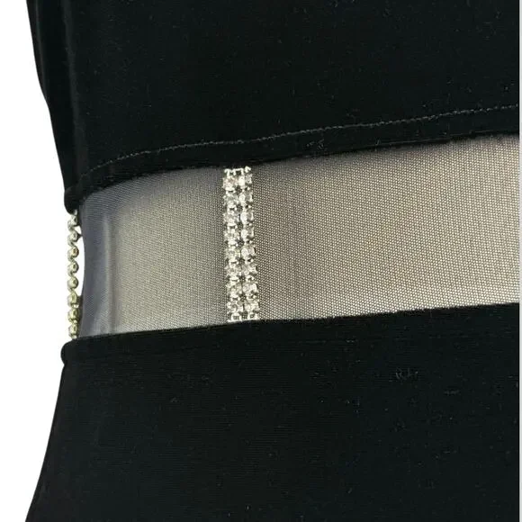 90's sexy black velvet long fitted dress with high slit and mesh crystal trim - Picture 5 of 16